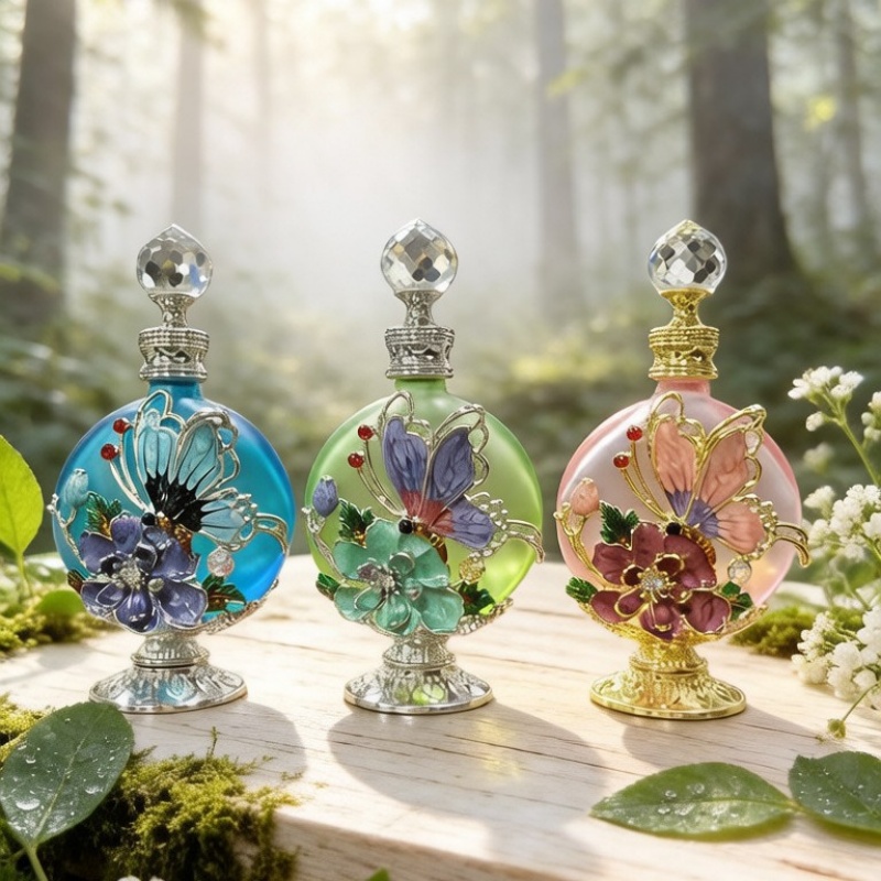 Perfume Fragrance Base - ขวดน้ำหอมเปล่า 4 ชิ้น ฐานทองเคลือบลายผีเสื้อ ฝาปิดทรงเพชร ขนาด